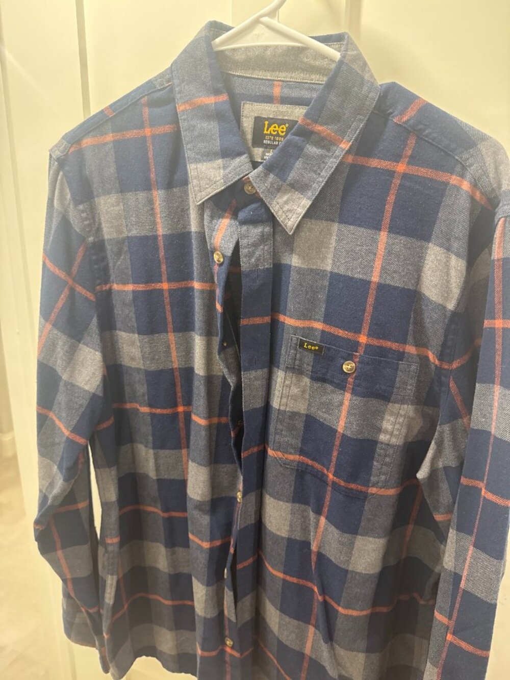 Lee Navy Gray Orange Plaid Flannel Button Down Shirt Mens Large